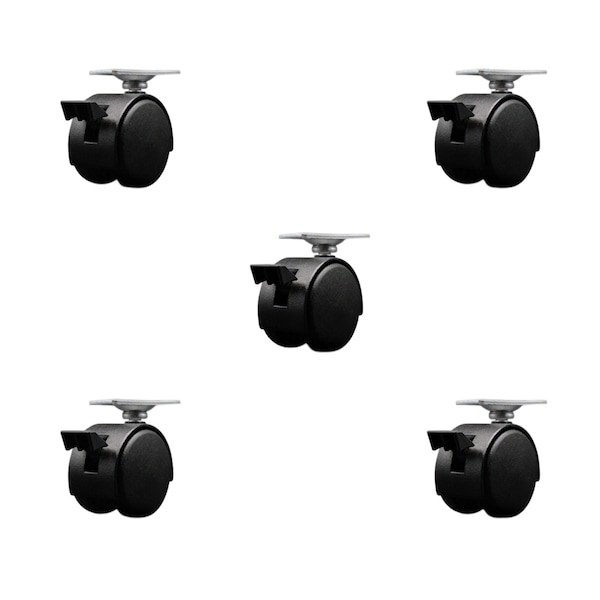 2'' Black Metal Hooded Twin Caster with Brake Nylon Wheels Top Plate, 5PK